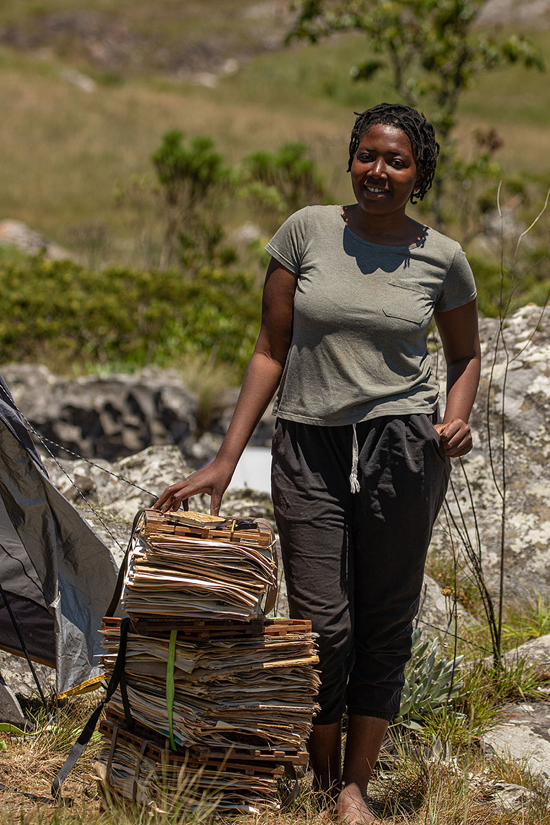 Francisca with the harvest of specimens at the end of the third Chimanimani Survey.
