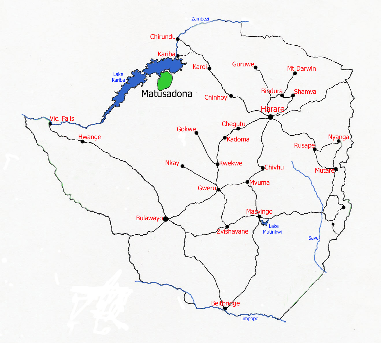 Map showing location of Matusadona National Park