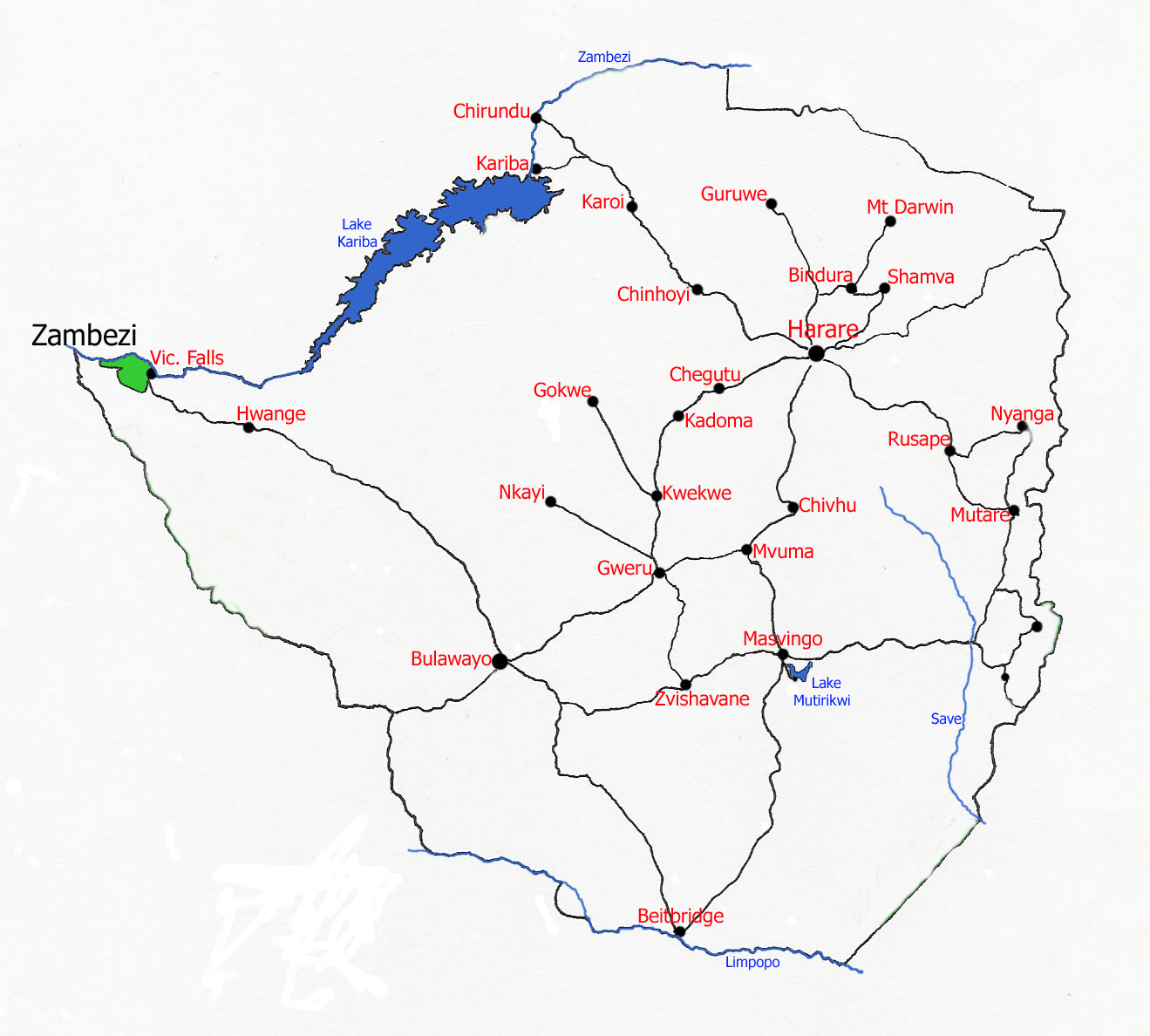 Map showing location of Zambezi National Park