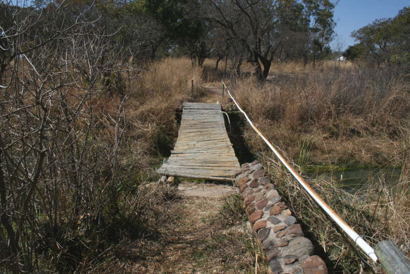 The footbridge over the Mukuvisi River, looking south towards Blatherwick Avenue. This bridge was swept away in heavy rains in the 2007/8 rainy season and was repaired in 2008.