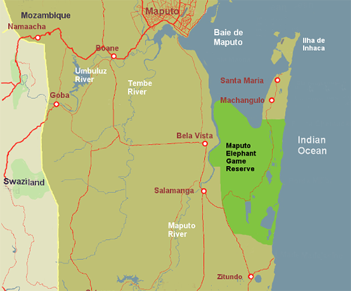 Map showing location of Maputo Elephant Reserve.