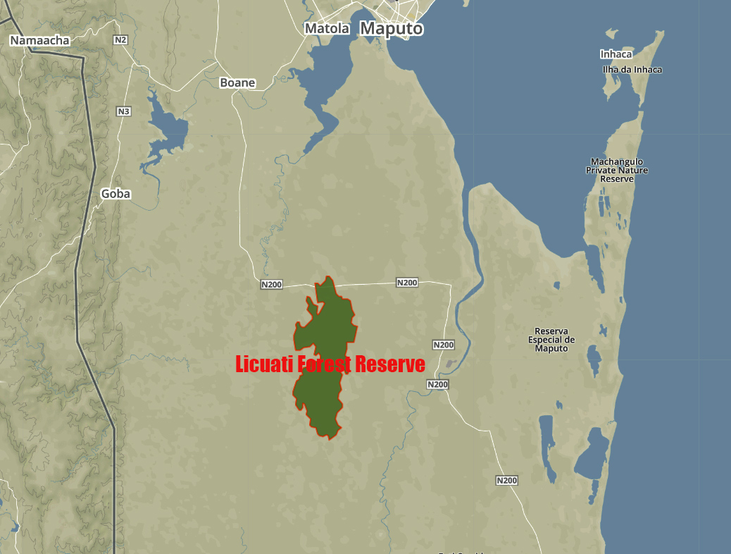 Map showing the location of Licuati Forest Reserve. 