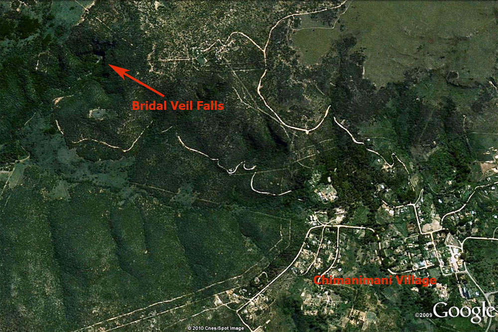 Map showing location of Bridal Veil Falls