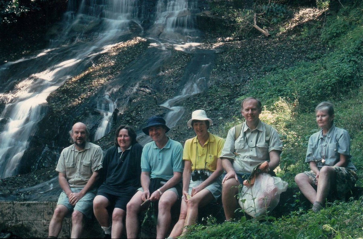 The Tree Society at the Excelsior Falls in the Vumba.<br /><br />From left to right: Werner Fibeck, Linda Hyde, Andy MacNaughtan, Rose Greig, Mark Hyde and Maureen Silva-Jones.